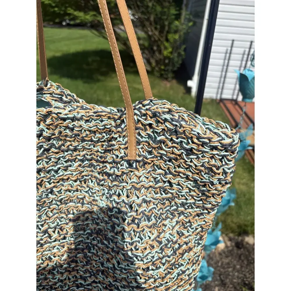 Slouchy Straw Beach Bag Teal Tan Boho Cottagecore Farmers Market